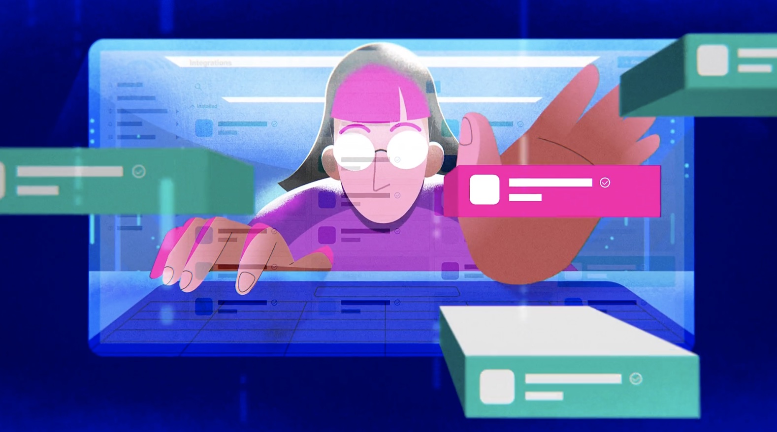 a thumbnail of an animated corporate video production featuring a person and UI