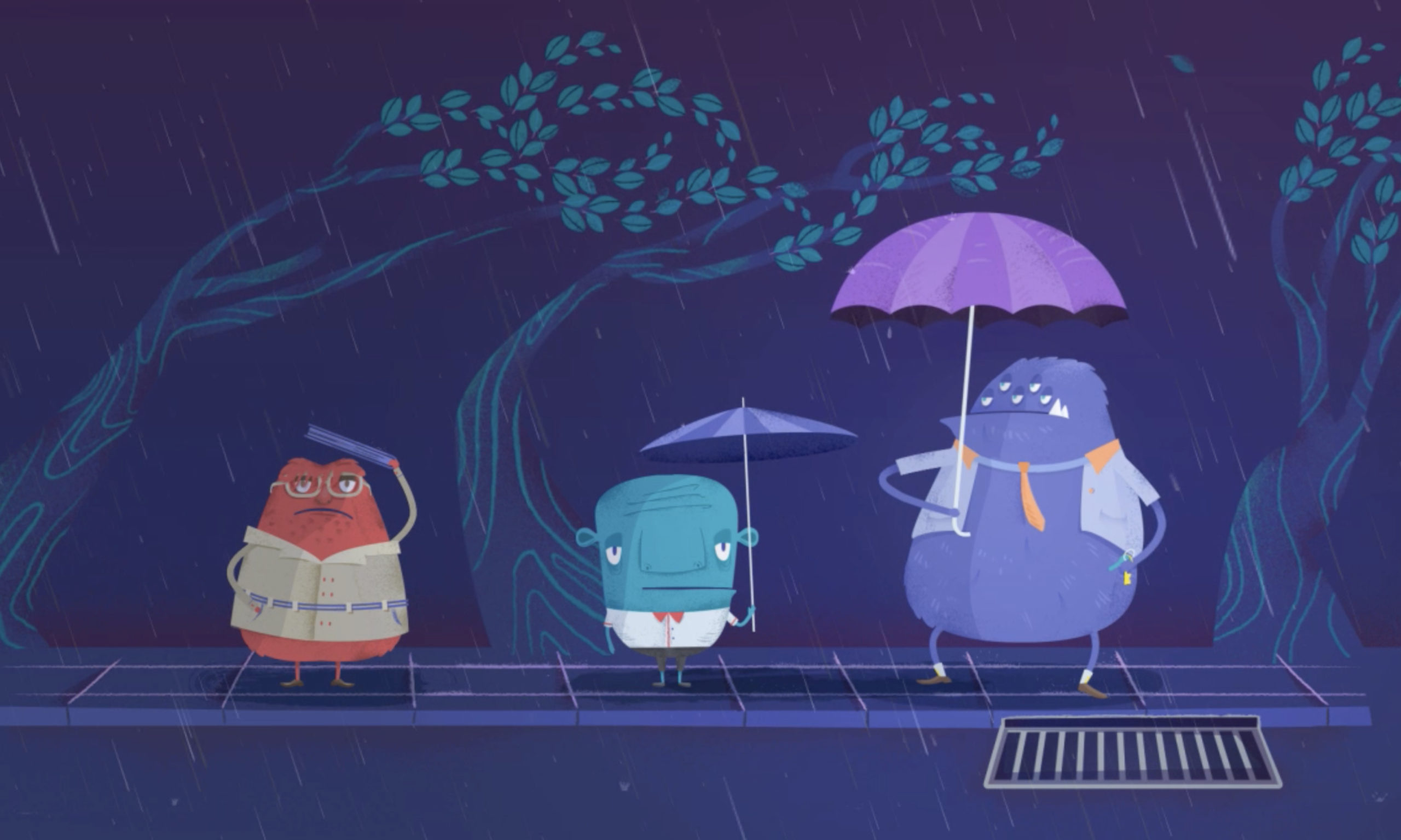 animated characters in the rain blue cross blue shield