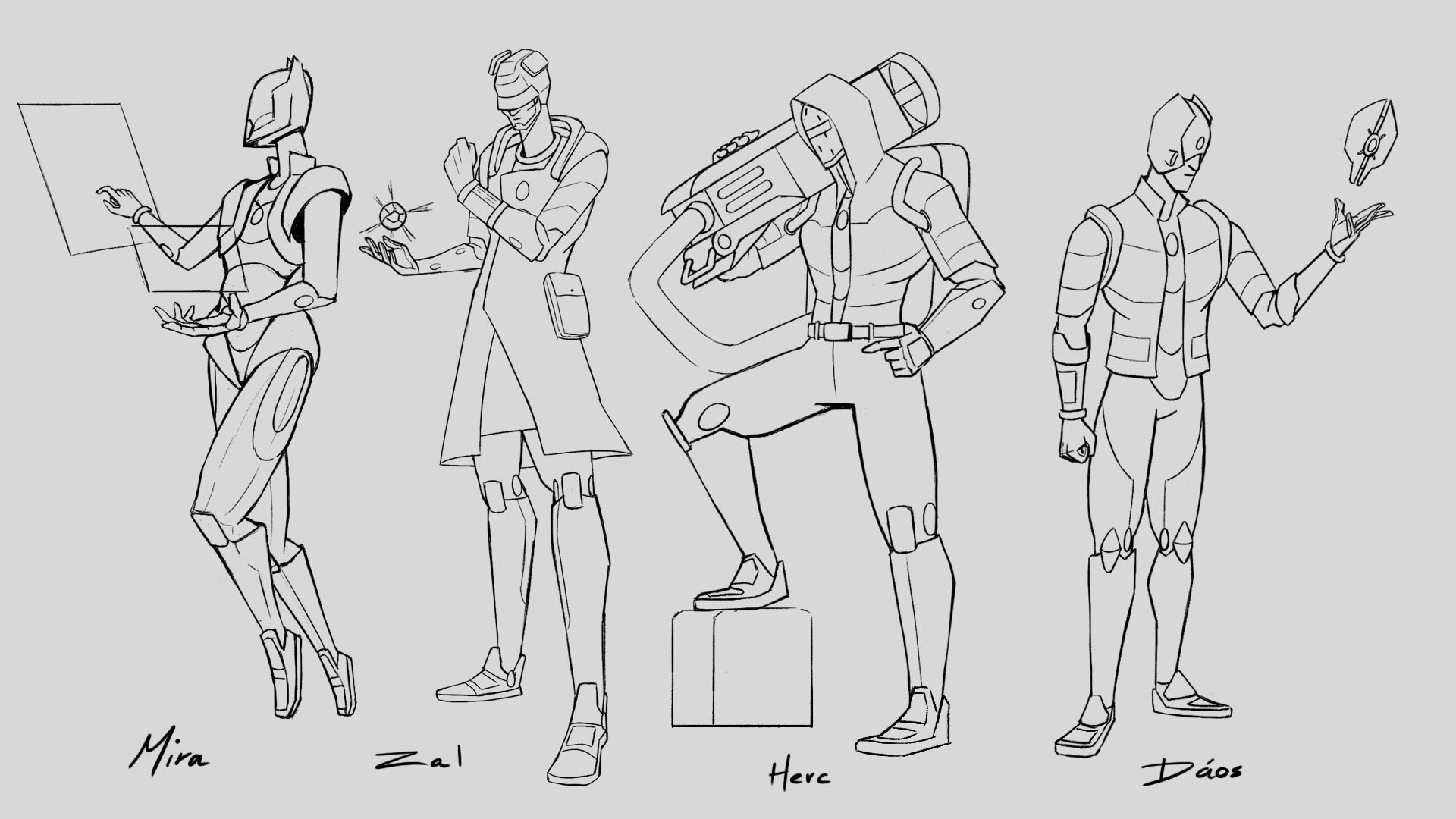 Ossian's early concept art for the "Defender" characters. 