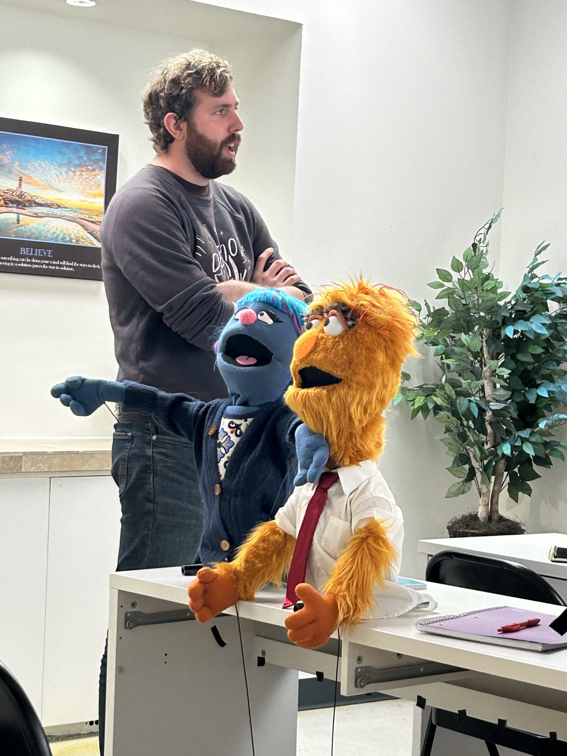 nickpuppets Nick helping plot out a scene with our stars.