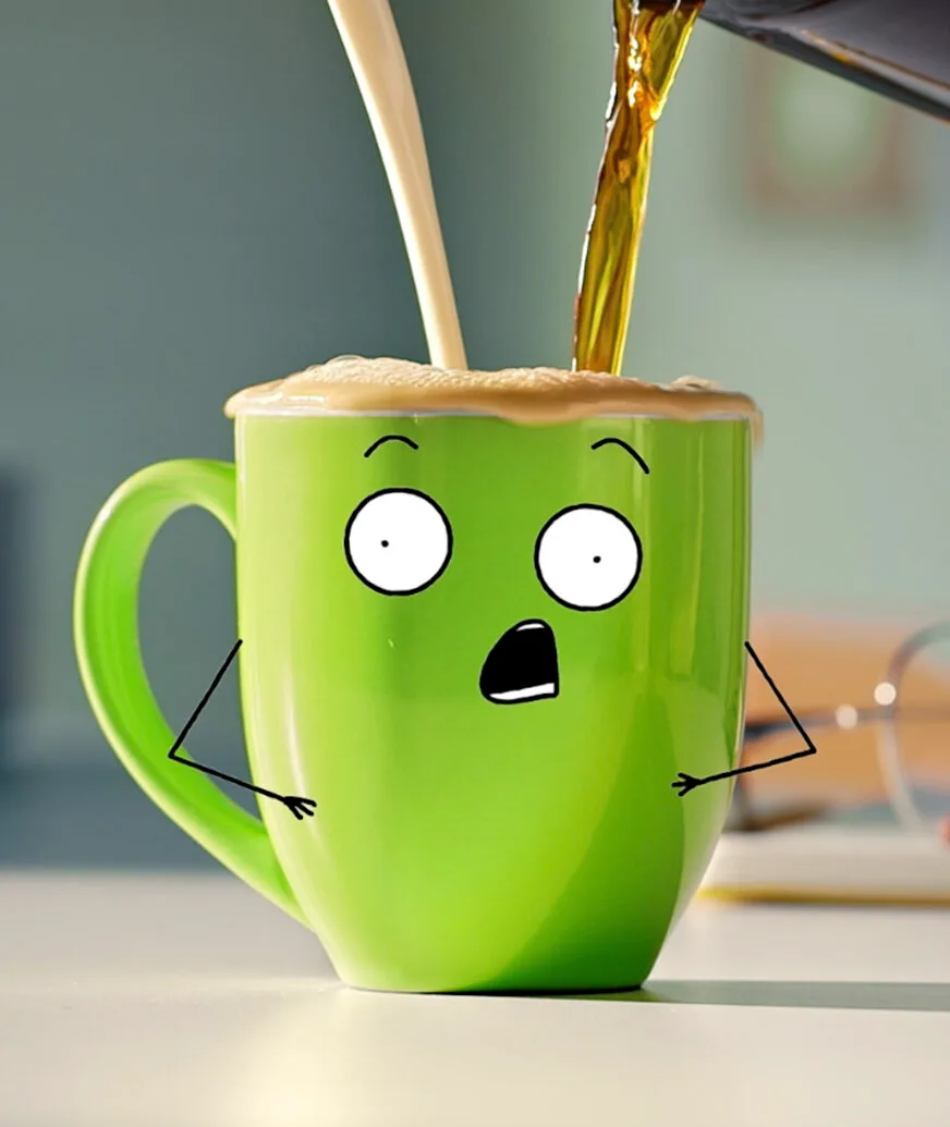 an illustrated face on a real green mug looks worried as hot coffee is poured into it